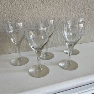 Set of 5 Vintage Sherry Glasses with Etchings Grape and Vine Leaves